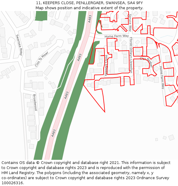 11, KEEPERS CLOSE, PENLLERGAER, SWANSEA, SA4 9FY: Location map and indicative extent of plot