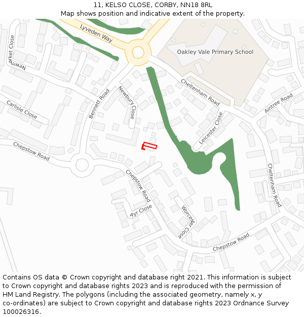 11, KELSO CLOSE, CORBY, NN18 8RL: Location map and indicative extent of plot