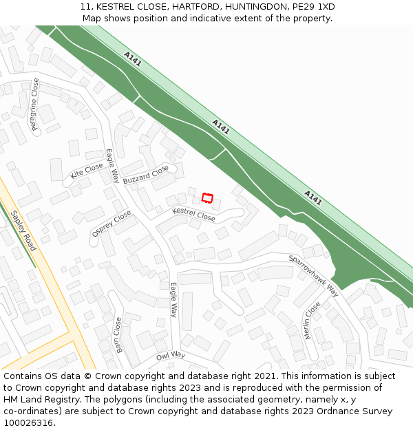 11, KESTREL CLOSE, HARTFORD, HUNTINGDON, PE29 1XD: Location map and indicative extent of plot