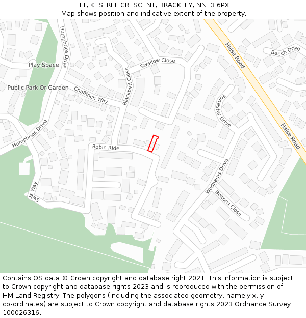 11, KESTREL CRESCENT, BRACKLEY, NN13 6PX: Location map and indicative extent of plot