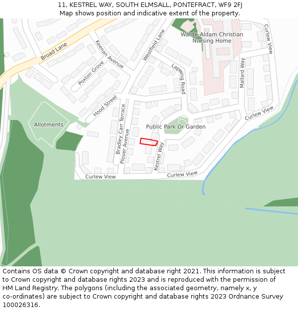 11, KESTREL WAY, SOUTH ELMSALL, PONTEFRACT, WF9 2FJ: Location map and indicative extent of plot