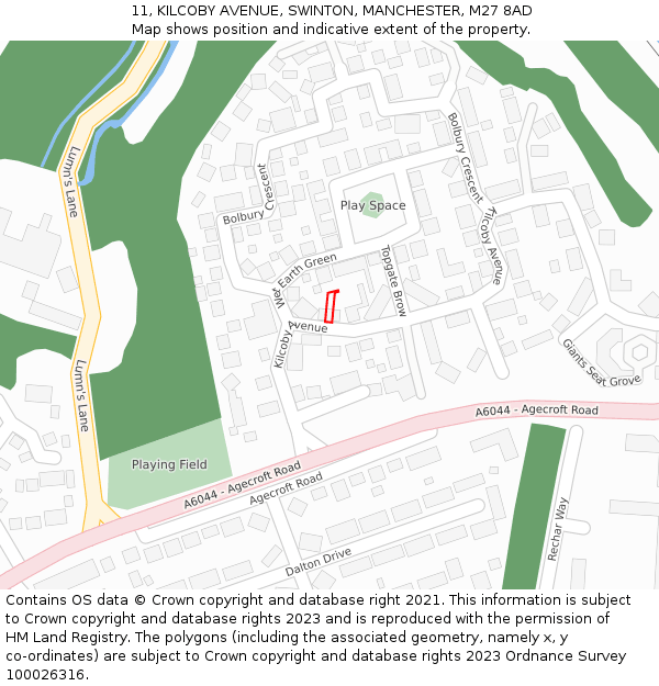 11, KILCOBY AVENUE, SWINTON, MANCHESTER, M27 8AD: Location map and indicative extent of plot