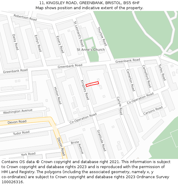 11, KINGSLEY ROAD, GREENBANK, BRISTOL, BS5 6HF: Location map and indicative extent of plot