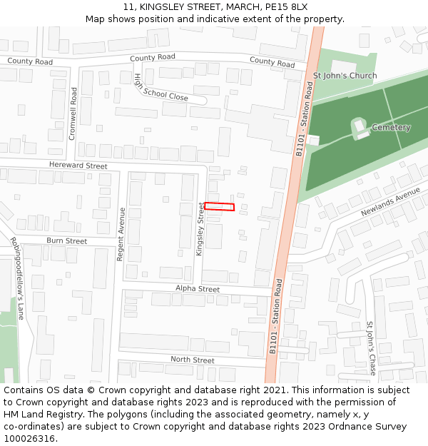 11, KINGSLEY STREET, MARCH, PE15 8LX: Location map and indicative extent of plot