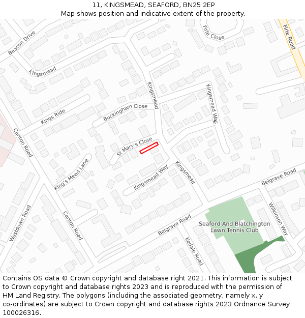 11, KINGSMEAD, SEAFORD, BN25 2EP: Location map and indicative extent of plot
