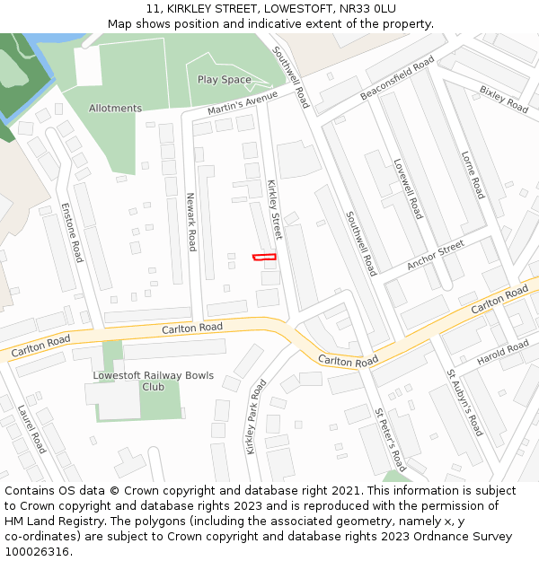 11, KIRKLEY STREET, LOWESTOFT, NR33 0LU: Location map and indicative extent of plot