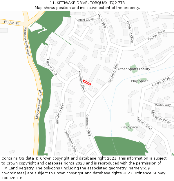 11, KITTIWAKE DRIVE, TORQUAY, TQ2 7TR: Location map and indicative extent of plot