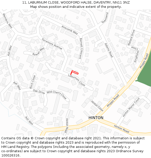11, LABURNUM CLOSE, WOODFORD HALSE, DAVENTRY, NN11 3NZ: Location map and indicative extent of plot
