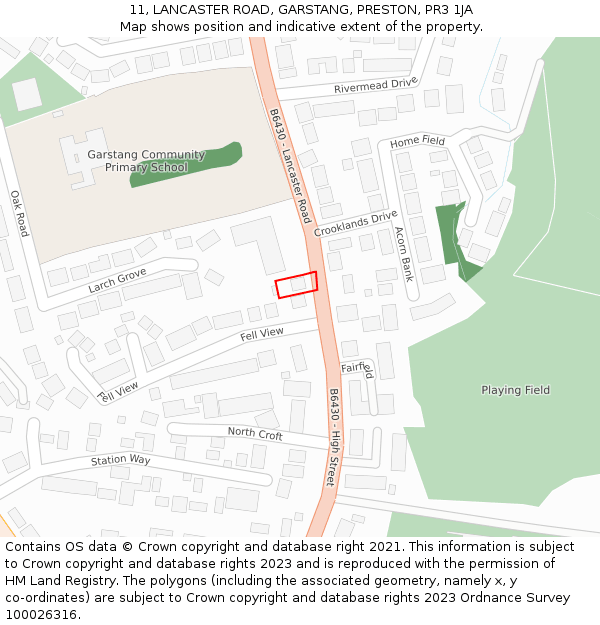 11, LANCASTER ROAD, GARSTANG, PRESTON, PR3 1JA: Location map and indicative extent of plot