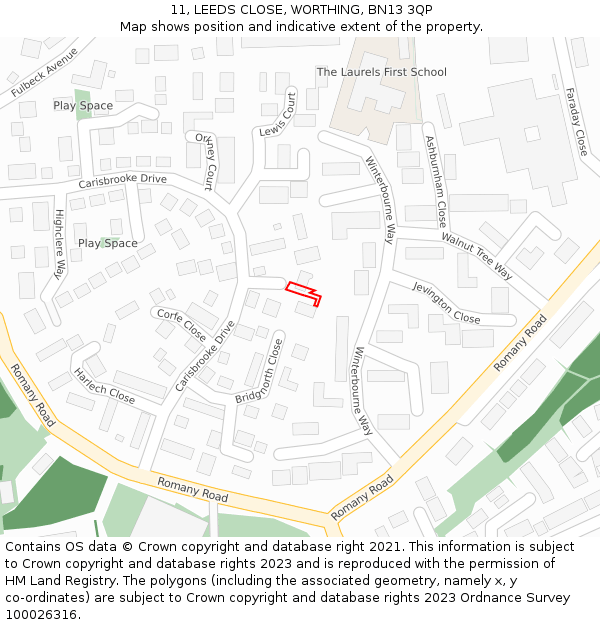 11, LEEDS CLOSE, WORTHING, BN13 3QP: Location map and indicative extent of plot