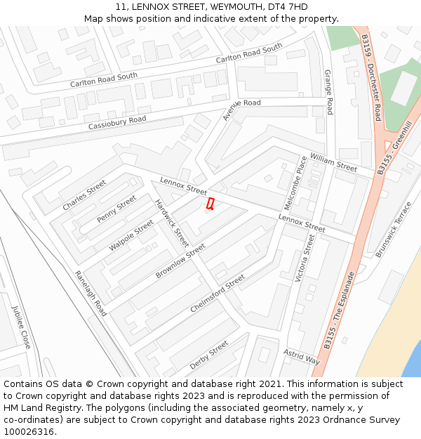 11, LENNOX STREET, WEYMOUTH, DT4 7HD: Location map and indicative extent of plot