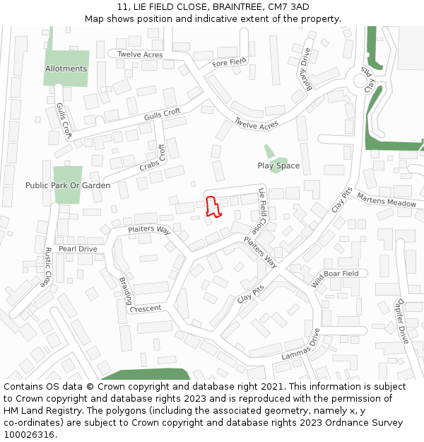 11, LIE FIELD CLOSE, BRAINTREE, CM7 3AD: Location map and indicative extent of plot