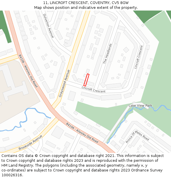 11, LINCROFT CRESCENT, COVENTRY, CV5 8GW: Location map and indicative extent of plot