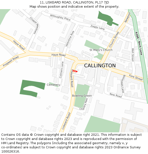 11, LISKEARD ROAD, CALLINGTON, PL17 7JD: Location map and indicative extent of plot