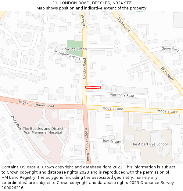 11, LONDON ROAD, BECCLES, NR34 9TZ: Location map and indicative extent of plot
