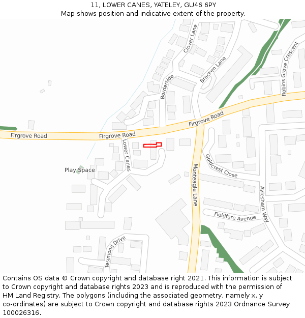 11, LOWER CANES, YATELEY, GU46 6PY: Location map and indicative extent of plot
