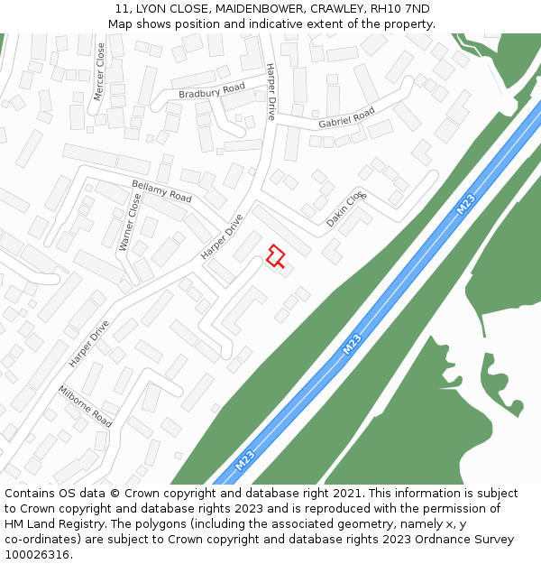 11, LYON CLOSE, MAIDENBOWER, CRAWLEY, RH10 7ND: Location map and indicative extent of plot
