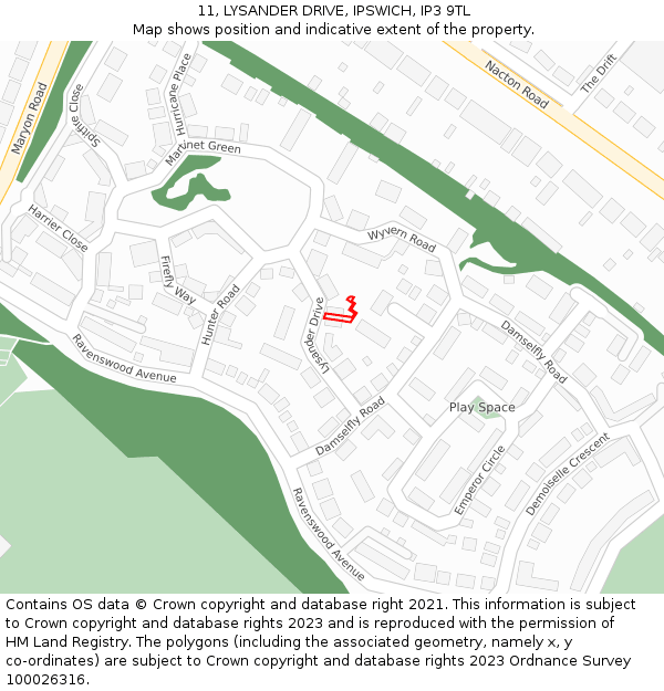 11, LYSANDER DRIVE, IPSWICH, IP3 9TL: Location map and indicative extent of plot