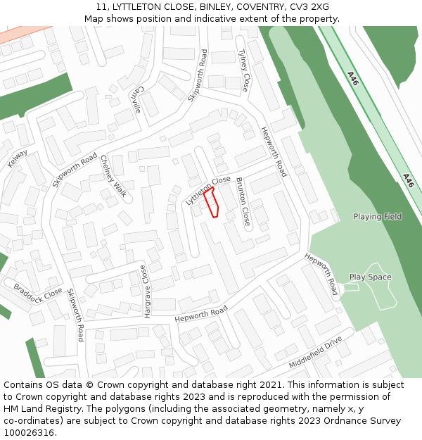 11, LYTTLETON CLOSE, BINLEY, COVENTRY, CV3 2XG: Location map and indicative extent of plot