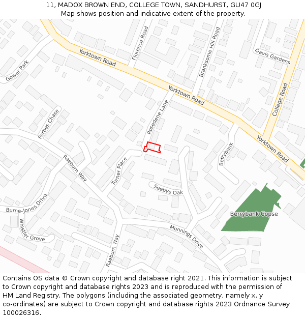 11, MADOX BROWN END, COLLEGE TOWN, SANDHURST, GU47 0GJ: Location map and indicative extent of plot
