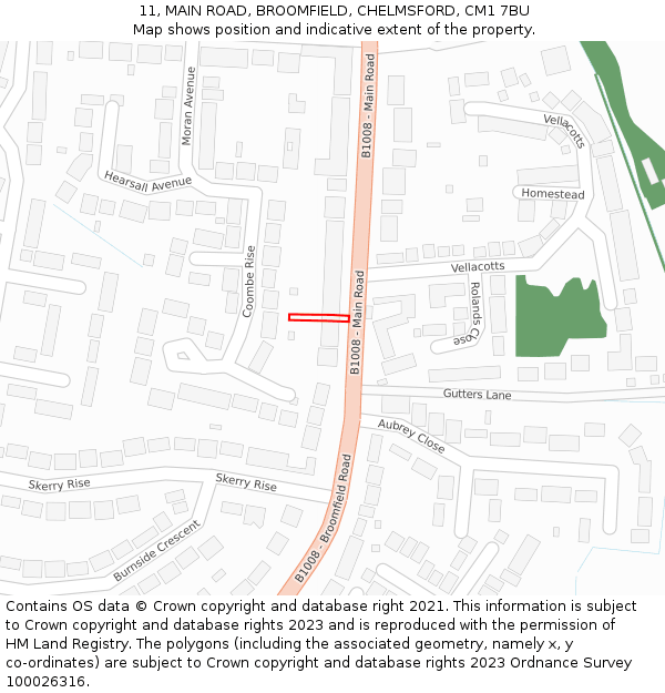 11, MAIN ROAD, BROOMFIELD, CHELMSFORD, CM1 7BU: Location map and indicative extent of plot