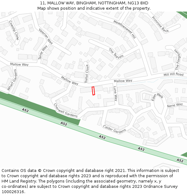 11, MALLOW WAY, BINGHAM, NOTTINGHAM, NG13 8XD: Location map and indicative extent of plot