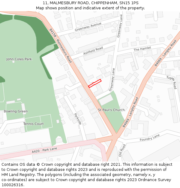 11, MALMESBURY ROAD, CHIPPENHAM, SN15 1PS: Location map and indicative extent of plot