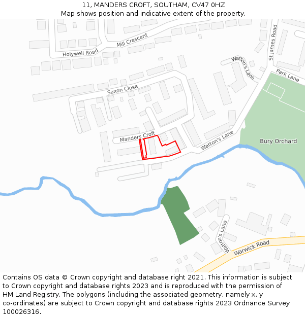 11, MANDERS CROFT, SOUTHAM, CV47 0HZ: Location map and indicative extent of plot