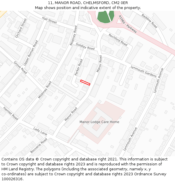 11, MANOR ROAD, CHELMSFORD, CM2 0ER: Location map and indicative extent of plot