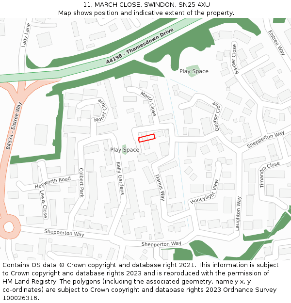 11, MARCH CLOSE, SWINDON, SN25 4XU: Location map and indicative extent of plot