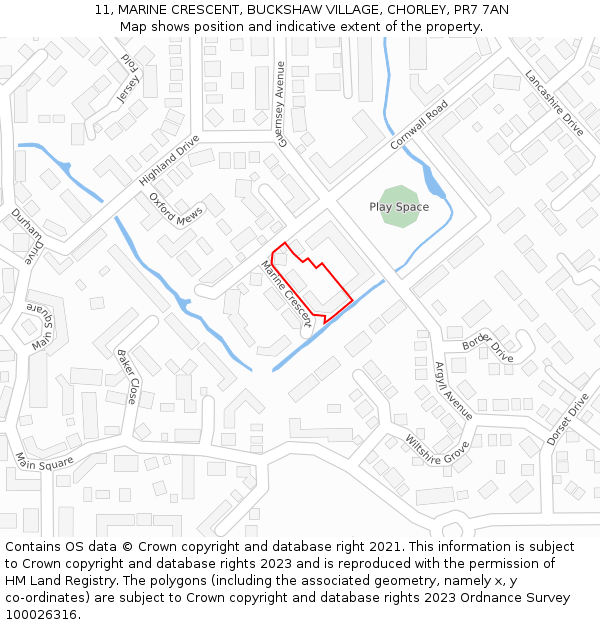 11, MARINE CRESCENT, BUCKSHAW VILLAGE, CHORLEY, PR7 7AN: Location map and indicative extent of plot