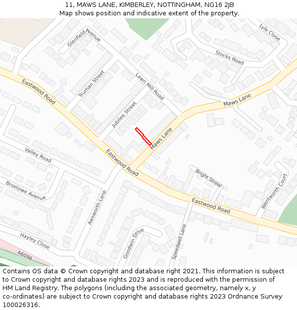 11, MAWS LANE, KIMBERLEY, NOTTINGHAM, NG16 2JB: Location map and indicative extent of plot