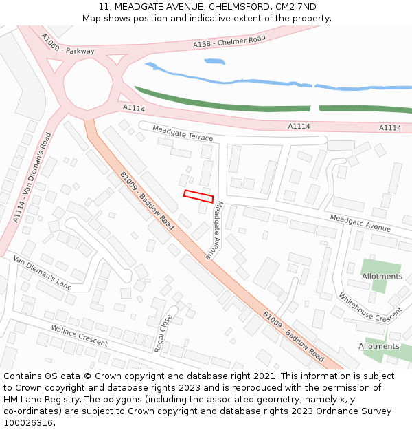 11, MEADGATE AVENUE, CHELMSFORD, CM2 7ND: Location map and indicative extent of plot