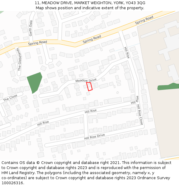 11, MEADOW DRIVE, MARKET WEIGHTON, YORK, YO43 3QG: Location map and indicative extent of plot