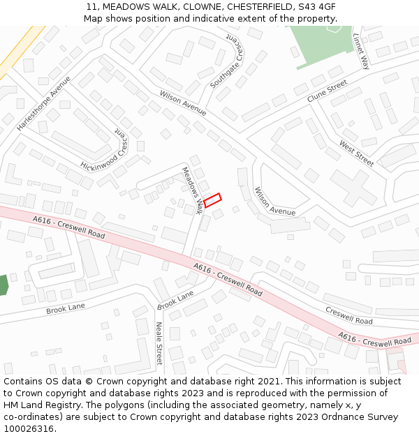 11, MEADOWS WALK, CLOWNE, CHESTERFIELD, S43 4GF: Location map and indicative extent of plot