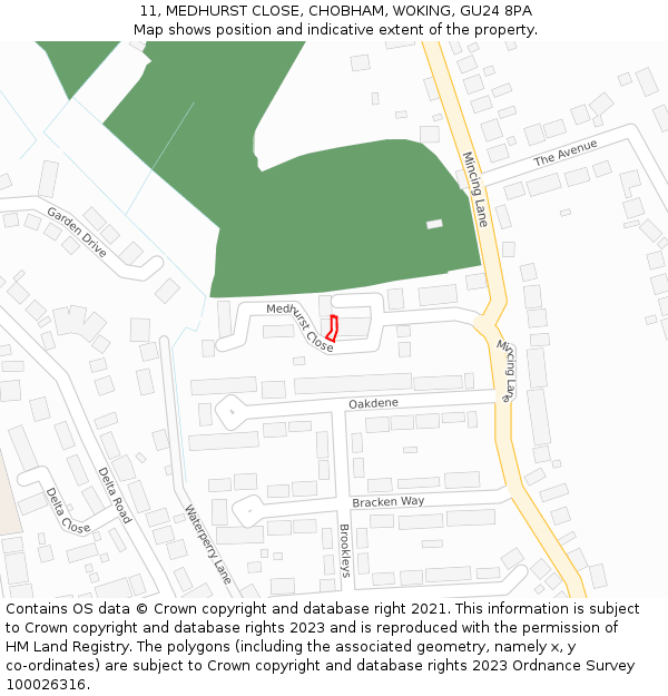11, MEDHURST CLOSE, CHOBHAM, WOKING, GU24 8PA: Location map and indicative extent of plot