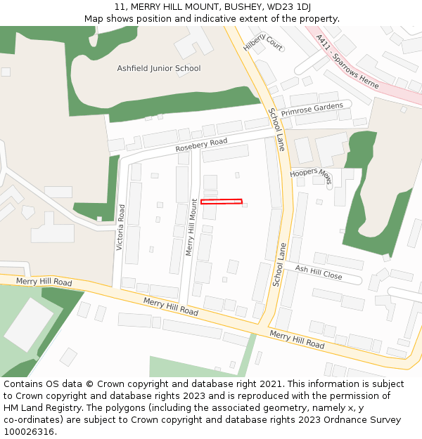 11, MERRY HILL MOUNT, BUSHEY, WD23 1DJ: Location map and indicative extent of plot