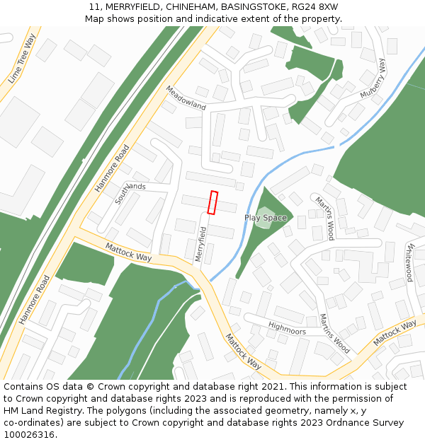 11, MERRYFIELD, CHINEHAM, BASINGSTOKE, RG24 8XW: Location map and indicative extent of plot
