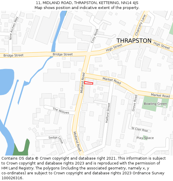 11, MIDLAND ROAD, THRAPSTON, KETTERING, NN14 4JS: Location map and indicative extent of plot