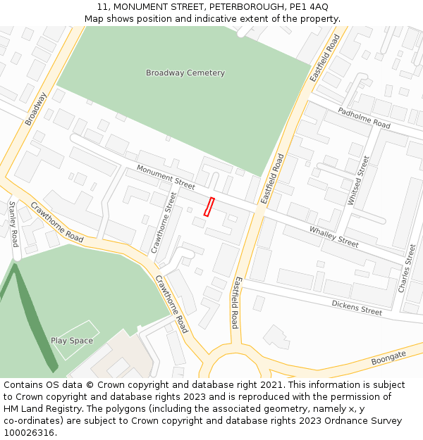 11, MONUMENT STREET, PETERBOROUGH, PE1 4AQ: Location map and indicative extent of plot