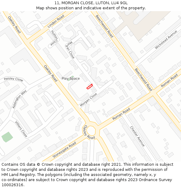 11, MORGAN CLOSE, LUTON, LU4 9GL: Location map and indicative extent of plot