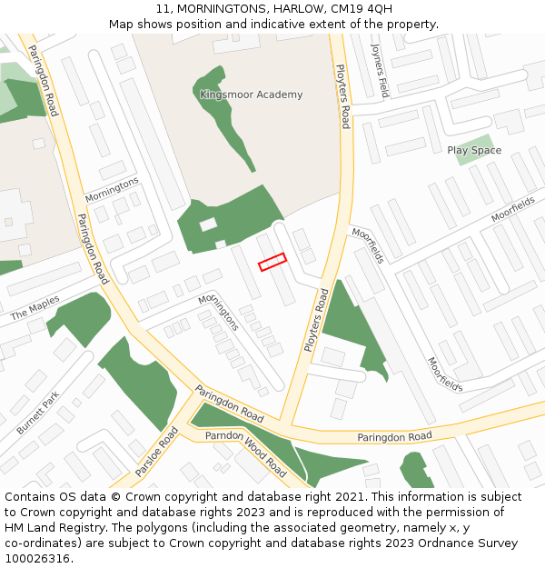 11, MORNINGTONS, HARLOW, CM19 4QH: Location map and indicative extent of plot