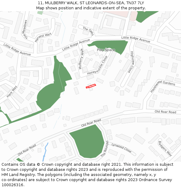 11, MULBERRY WALK, ST LEONARDS-ON-SEA, TN37 7LY: Location map and indicative extent of plot