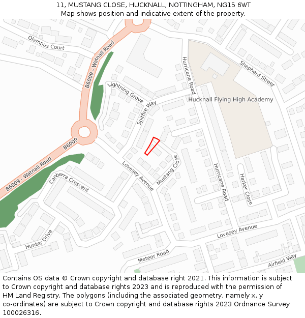 11, MUSTANG CLOSE, HUCKNALL, NOTTINGHAM, NG15 6WT: Location map and indicative extent of plot