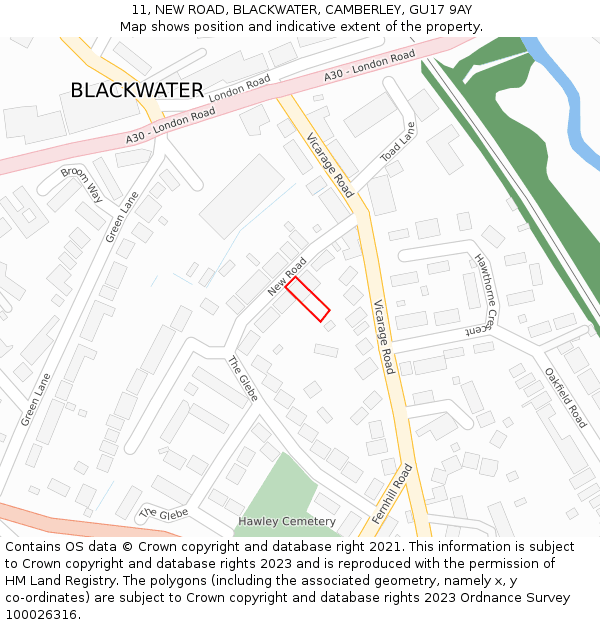 11, NEW ROAD, BLACKWATER, CAMBERLEY, GU17 9AY: Location map and indicative extent of plot