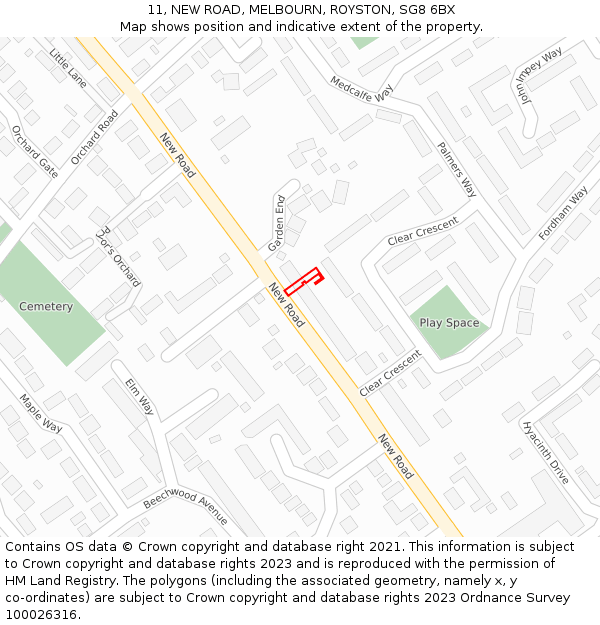 11, NEW ROAD, MELBOURN, ROYSTON, SG8 6BX: Location map and indicative extent of plot