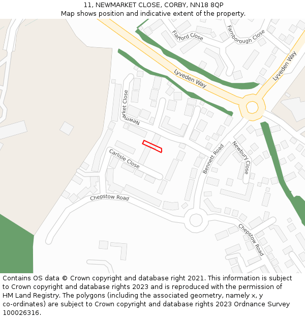 11, NEWMARKET CLOSE, CORBY, NN18 8QP: Location map and indicative extent of plot