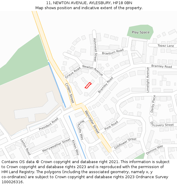 11, NEWTON AVENUE, AYLESBURY, HP18 0BN: Location map and indicative extent of plot