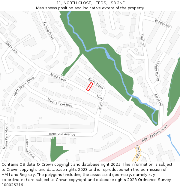 11, NORTH CLOSE, LEEDS, LS8 2NE: Location map and indicative extent of plot