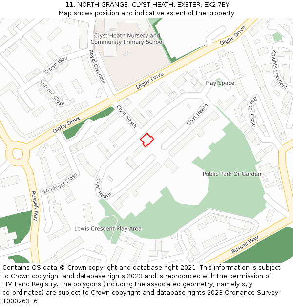 11, NORTH GRANGE, CLYST HEATH, EXETER, EX2 7EY: Location map and indicative extent of plot
